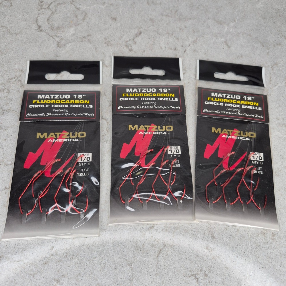 Matzuo Circle Hook Snells 18 Inch Fluorocarbon 1/0 Red 3 Packs